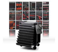 Mephisto ProLine 'Full Black' Carrello da officina con 9 cassetti di cui 9 con attrezzi come chiavi, cricchetto con scatola di noci, cacciavite, VDE in Soft Inlays effetto carbonio