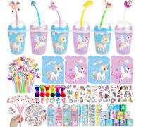 Mepmela Confezione da 24 sacchetti con unicorno, per feste di compleanno, set con coppe, mini quaderni, penne shaker per pignatta, regali in classe, premi, sacchetti regalo