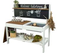 Meppi Cucina per bambini, piccolo giardiniere in legno, cucina per esterni, per bambini, con vasche da matena, tavolo per piante e tavolo per bricolage