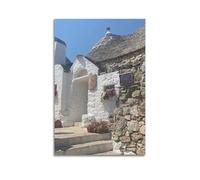 MEQKTQIMA Paesaggio Alberobello Italia bianco trullo casa fiore città fiore pittura decorativa su tela poster da parete e decorazione moderna per la camera da letto di famiglia 40 x 60 cm
