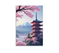 MEQKTQIMA Poster da parete su tela con paesaggi del Monte Fuji con fiori di ciliegio a cinque piani, pagoda giapponese, decorazione moderna per la camera da letto e la famiglia, 40 x 60 cm