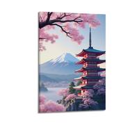 MEQKTQIMA Poster da parete su tela con paesaggi del Monte Fuji con fiori di ciliegio a cinque piani, pagoda giapponese, decorazione moderna per la camera da letto, 60 x 90 cm