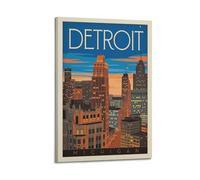 MEQKTQIMA Poster da parete su tela con vista notturna di Detroit Michigan, motivo viaggio città, stile vintage, decorazione moderna per camera da letto, 40 x 60 cm