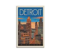 MEQKTQIMA Poster da parete su tela con vista notturna di Detroit Michigan, motivo viaggio città, stile vintage, decorazione moderna per camera da letto, 40 x 60 cm