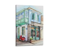 MEQKTQIMA Poster decorativo da parete su tela con immagine di città greca e blu verde con scooter rosso, decorazione moderna per camera da letto, 60 x 90 cm