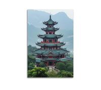 MEQKTQIMA Poster decorativo da parete su tela, motivo: religione, buddismo cinese, piastrelle verdi, pagoda rossa, montagna, foresta, edificio antico, decorazione moderna per camera da letto, 40 x 60