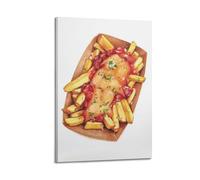 MEQKTQIMA Poster gourmet, motivo: pesce e patatine con pomodoro, dipinto decorativo da parete su tela e decorazione moderna per la camera da letto, 60 x 90 cm