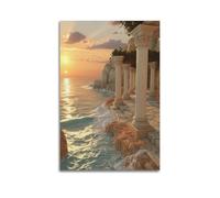 MEQKTQIMA Quadro decorativo da parete su tela, con paesaggio vintage greco corinzio, colonne costiere e tramonto sulla costa, poster decorativo da parete e decorazione moderna per la camera da letto