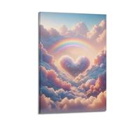 MEQKTQIMA Quadro decorativo da parete su tela, motivo: cuore, nuvole, arcobaleno, cielo, rosa, blu, paesaggio sognante, paesaggio nuvoloso, decorativo, moderno, per camera da letto, 60 x 90 cm