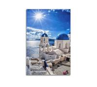 MEQKTQIMA Quadro decorativo su tela con motivo greco Santorini blu e bianco, motivo: chiesa città, viaggi, decorazione moderna per camera da letto, 30 x 45 cm