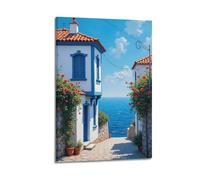 MEQKTQIMA Quadro decorativo su tela con paesaggio mediterraneo blu e bianco, città costiera, rose arancioni, verde, decorazione moderna per camera da letto, 30 x 45 cm
