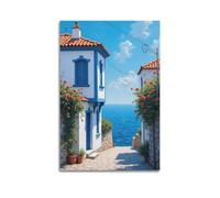 MEQKTQIMA Quadro decorativo su tela con paesaggio mediterraneo blu e bianco, città costiera, rose arancioni, verde, decorazione moderna per camera da letto, 30 x 45 cm