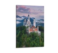 MEQKTQIMA Stampa decorativa su tela con castello di Neuschwanstein in Germania, nuvole, montagna, castello delle fiabe, decorazione moderna per camera da letto, 50 x 75 cm
