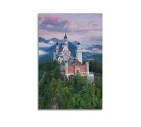 MEQKTQIMA Stampa decorativa su tela con castello di Neuschwanstein in Germania, nuvole, montagna, castello delle fiabe, decorazione moderna per camera da letto, 60 x 90 cm