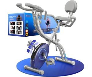 MERACH Cyclette da Casa con App di Allenamento, Silenziosa Cyclette Pieghevole 4-in-1, Resistenza Magnetica a 16 Livelli, Display LCD, Misurazione del Battito, Fascia di resistenza, Sella Confortevole