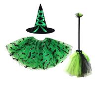 Meravigliosa gonna colorata per Halloween, con cappello da strega, scopa per feste, balli, performance, abbigliamento da festa, maschera con glitter (verde, 2-4 anni)