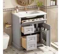 Merax Armadietto da bagno con lavabo, lavabo con 3 cassetti, 1 cassetto pieghevole, mensole per porte, ripiano regolabile, supporto da pavimento, grigio, 76 x 46 x 87 cm