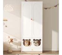 Merax Armadio per bambini a 2 ante, con asta appendiabiti e cuccia integrata per gatti, per la cameretta dei bambini, con maniglie in ceramica colorate, 80 x 50 x 200 cm, bianco/naturale