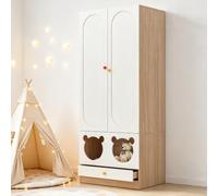 Merax Armadio per bambini con asta appendiabiti e cuccia per gatti, maniglie in ceramica colorate, verniciatura ecologica + truciolato, bianco + colore legno naturale, 80x50x200cm - Perfetto per la