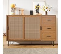 Merax Credenza - Cassettiera stabile con ante scorrevoli in rattan e 3 cassetti, capacità di carico fino a 80 kg, antiribaltamento - 140 cm, naturale