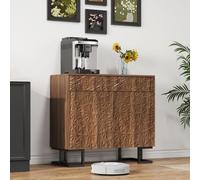 Merax Credenza comò 80 × 40 × 78 cm - effetto noce scuro con rilievo foglie, gambe in metallo, 2 cassetti e 2 ante - Credenza senza maniglie per soggiorno e sala da pranzo - Serie Foglie Poesia