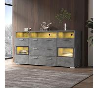 Merax Credenza con illuminazione a LED, moderna cassettiera con 2 ante, 3 cassetti, spazio aperto, multiuso, con ante in acrilico trasparente, per soggiorno, 140 cm, grigio