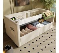 Merax Divano letto imbottito 90 x 200 cm, divano letto singolo con spazio idraulico e stazione di ricarica USB & TypeC, letto per gli ospiti con rete in legno, beige, velluto, senza materasso