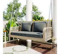 Merax Dondolo sospeso a 2 posti, in rattan sintetico, con cuscino e catene, per giardino, balcone, veranda, fino a 320 kg, beige e grigio