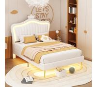 Merax Lettino per bambina, 90 x 200 cm, letto imbottito per bambini con corona e LED, letto per bambini in pelle sintetica con rete a doghe e schienale, letto singolo per cameretta delle ragazze
