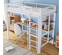 Merax Letto a soppalco 90 x 200 cm con scrivania e scaffalatura, robusto letto a castello in metallo con rete a doghe e protezione dalle cadute, salvaspazio, funzionale letto a soppalco per bambini