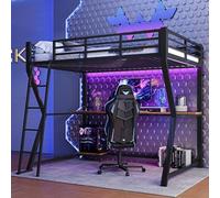 Merax Letto a soppalco con scrivania, 90 x 200 cm, letto a soppalco in metallo, con luci a LED e presa USB, struttura per letto singolo con protezione anti-caduta e scala, nero (senza materasso)