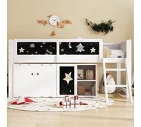 Merax Letto a soppalco per bambini, con armadi a doppia ante e lavagna, bianco, 90 x 200 cm, scala obliqua a due livelli, ringhiera di sicurezza, struttura stabile in pino e MDF