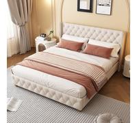 Merax Letto imbottito 140 x 190 cm, con rete a doghe e testiera, imbottitura a bottoni e rivetti, stabile piedini in legno, design elegante, comodo letto in lino, beige (senza materasso)