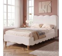 Merax Letto imbottito 90 x 200 cm, letto singolo con rete a doghe e testiera imbottita, tessuto bou ambe in legno massiccio, spazio sotto il letto, bianco
