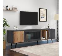 Merax Mobile basso per TV, 200 cm, moderno supporto per TV con porta in vetro scanalato, vano portaoggetti aperto, semplice, per soggiorno, camera da letto, soggiorno, colore legno e grigio