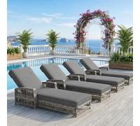 Merax Set di 4 sedie da giardino in polyrattan, resistenti alle intemperie, con schienale regolabile, per esterni, con cuscino rimovibile, per piscina, terrazza e giardino, grigio