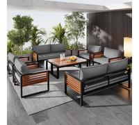 Merax Set di mobili da giardino per 8 persone, mobili da balcone con tavolo e cuscino, set di divano ad angolo in ferro zincato, in legno di acacia, set per esterni, per balcone, terrazza, stile