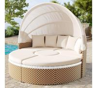 Merax Set di poltrone da giardino - Isola solare in rattan con baldacchino estraibile, set di mobili da giardino in polyrattan, doppio sedile e tavolo, con 5 cuscini e cuscini per seduta per balcone