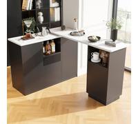 Merax Tavolo da bar allungabile e girevole, con vano portaoggetti, moderno, con armadio, cassetti, ripiani regolabili, isola da cucina per sala da pranzo, 140-210 cm, nero e effetto marmo