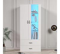 Merax Vetrina bianca lucida con illuminazione a LED, armadietto a 2 ante, 2 cassetti e 3 ripiani in vetro, vetrina a LED bianca, per soggiorno, scaffale alto, 59,5 x 35 x 182 cm