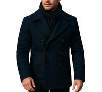 MERCH ATTIRE - Cappotto da uomo a doppio petto, nero e blu navy, in lana, lunghezza a tre quarti, stile casual, L