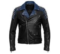 MERCH ATTIRE Giacca da moto bicolore classica da uomo con borchie - pelle premium nera e blu, Nero & Blu - Vera Pelle, S