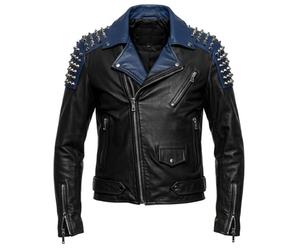 MERCH ATTIRE Giacca da moto bicolore classica da uomo con borchie - pelle premium nera e blu, Nero & Blu - Vera Pelle, S
