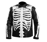 MERCH ATTIRE Giacca da uomo in pelle nera con scheletro e toppa con scheletro, elegante giacca da motociclista speciale con ossa spettrali, Nero - Vera Pelle, M