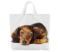 Merchandise for Fans Borsa per la spesa - 45 x 42 cm x 9,5 cm, 18 litri - motivo: bassotutto/teckel/tasso cane sdraiato [ 23 ], Bianco con stampa fotografica, m, Tracolla