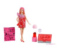 Barbie - party surprise make-up party vestito rosa, bambola con 10 accessori a sorpresa ed effetto cambia colore