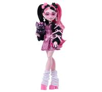 Monster High - Draculaura, bambola in abito rosa e cardigan nero con cucciolo di pipistrello Conte Fabulous, 7 accessori inclusi tra cui ramen, rossetto e borsetta, 4+ anni, JHK29