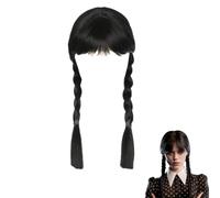 Mercoledì Addams Parrucca, Parrucche Addams con Frangia, Parrucca a Coda di Maiale Nera Intrecciata, per Cosplay Party Halloween Carnevale