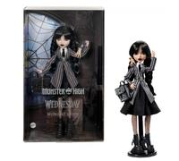 Monster High mercoledì, Bambola e Accessori, mercoledì Addams da Collezione in Uniforme Nevermore Academy con Mano; Zaino e piedistallo per Bambola, HXJ04