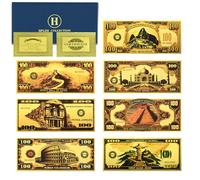 Mercollection Set di 7 banconote in lamina d'oro, motivo: Sette Meraviglie del Mondo, Christ Like, Taj Mahal, Great Wall, 100 dollari in plastica